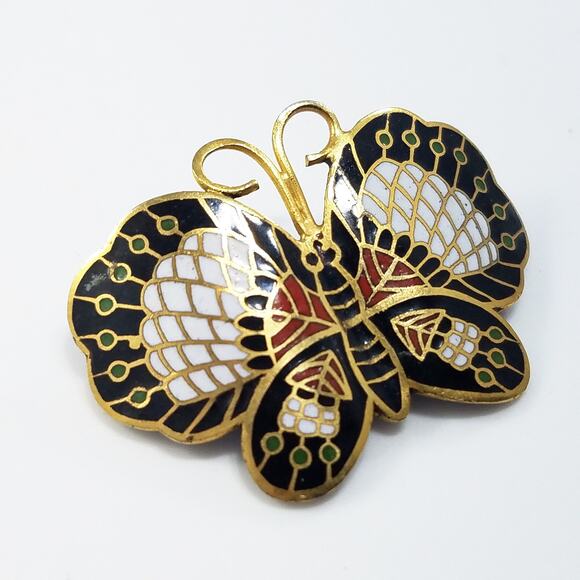 Vintage Butterfly Pendant Brooch, Cloisonne Enamel, 1970s Jewelry - Picture 2 of 10